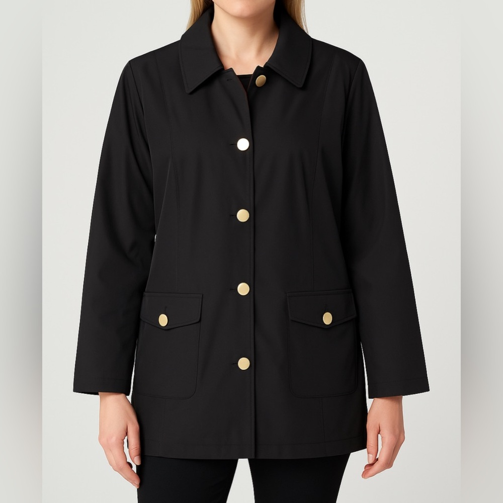 Dennis Basso Black Jacket women’s size XL Gold Buttons Plaid Lining Classic(C4)✨
